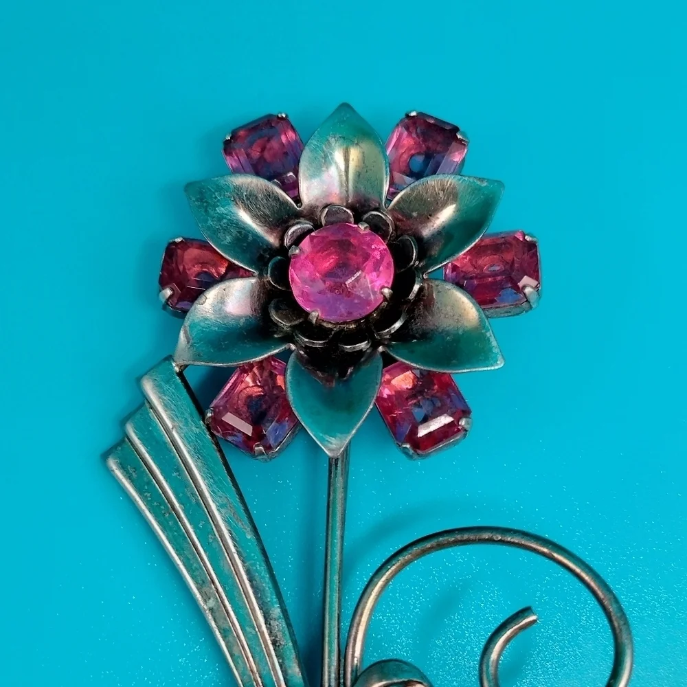 Vintage Oversized Sterling Silver & Pink Crystal Rhinestone Brooch 3